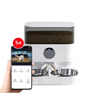 Годівниця з відеокамерою для котів та собак автоматична Pet Life DU5L-VH WiFi 5,0л. з двома тарілками Біла
